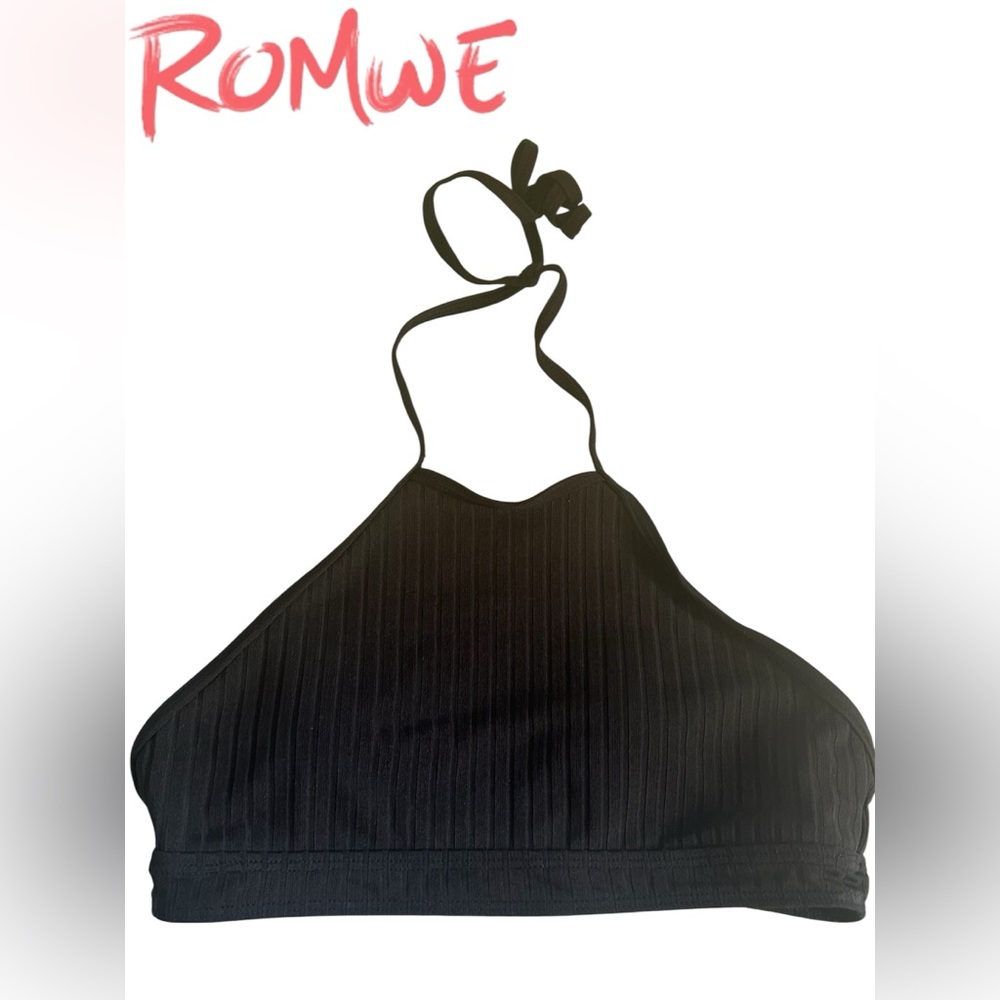 HALTER BIKINI TOP BLACK RIBBED WOMEN’S ROMWE